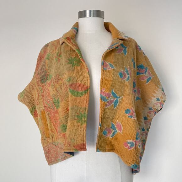 Sapana Cropped Blanket Coat Kantha Quilt Handmade Boho One Of A Kind Reversible - Picture 1 of 8